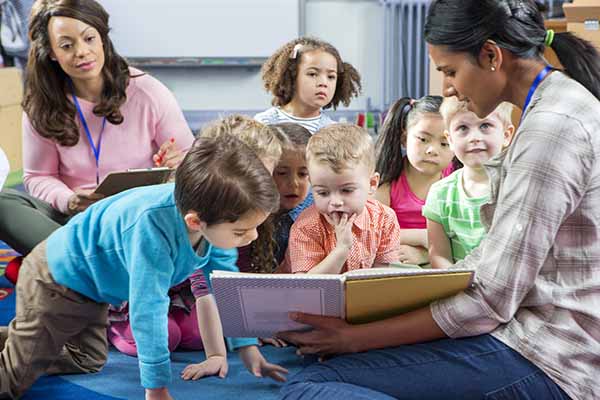 Teachers and happy children at a preschool in Gahanna, Ohio